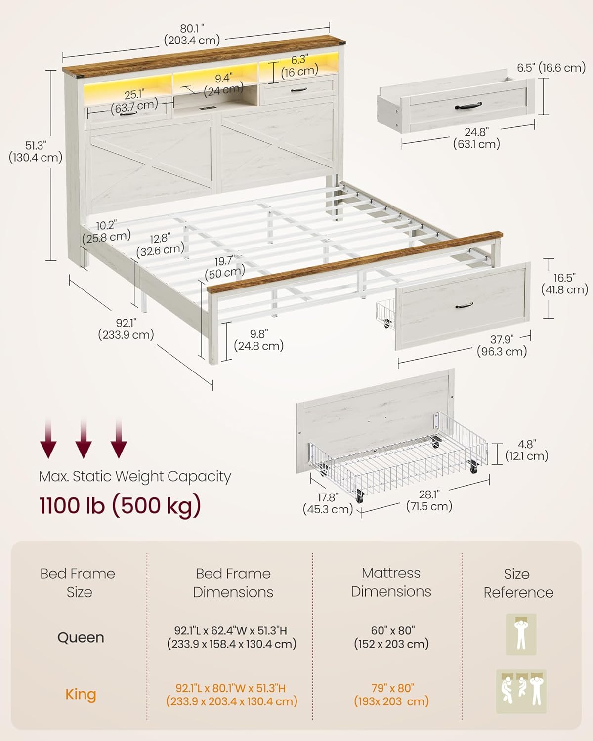VASAGLE King Bed Frame with Storage Headboard, 51.3-Inch Tall Farmhouse Bed Frame King Size with 4 Drawers, LED Lights, Charging Station, Noise-Free, No Box Spring Needed, Rustic White URMB424W01S