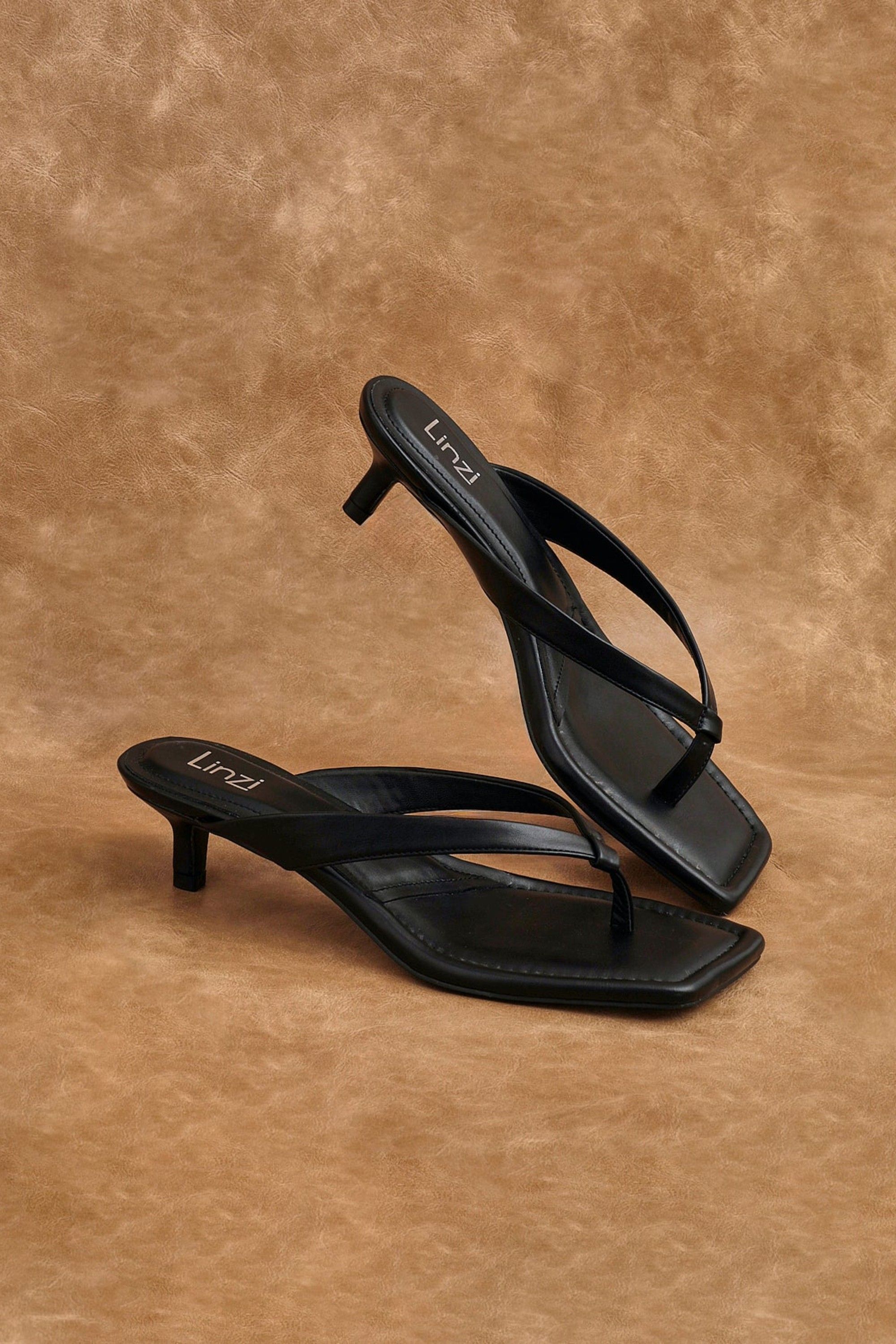 Linzi Potential Black Faux Leather Toe Post Kitten Heel