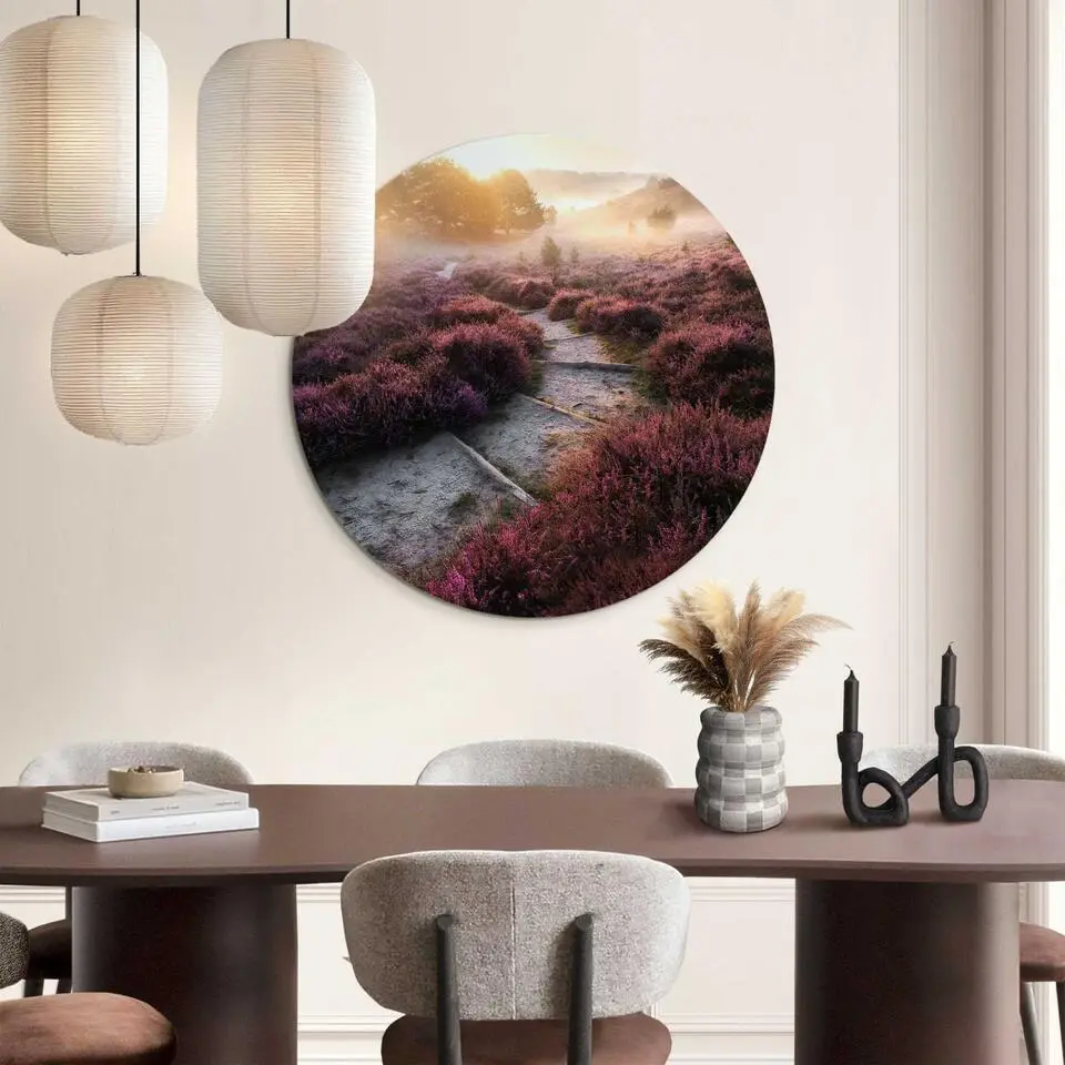 Glasschilderij Wandelpad langs de heide - &Oslash; 70 - Paars