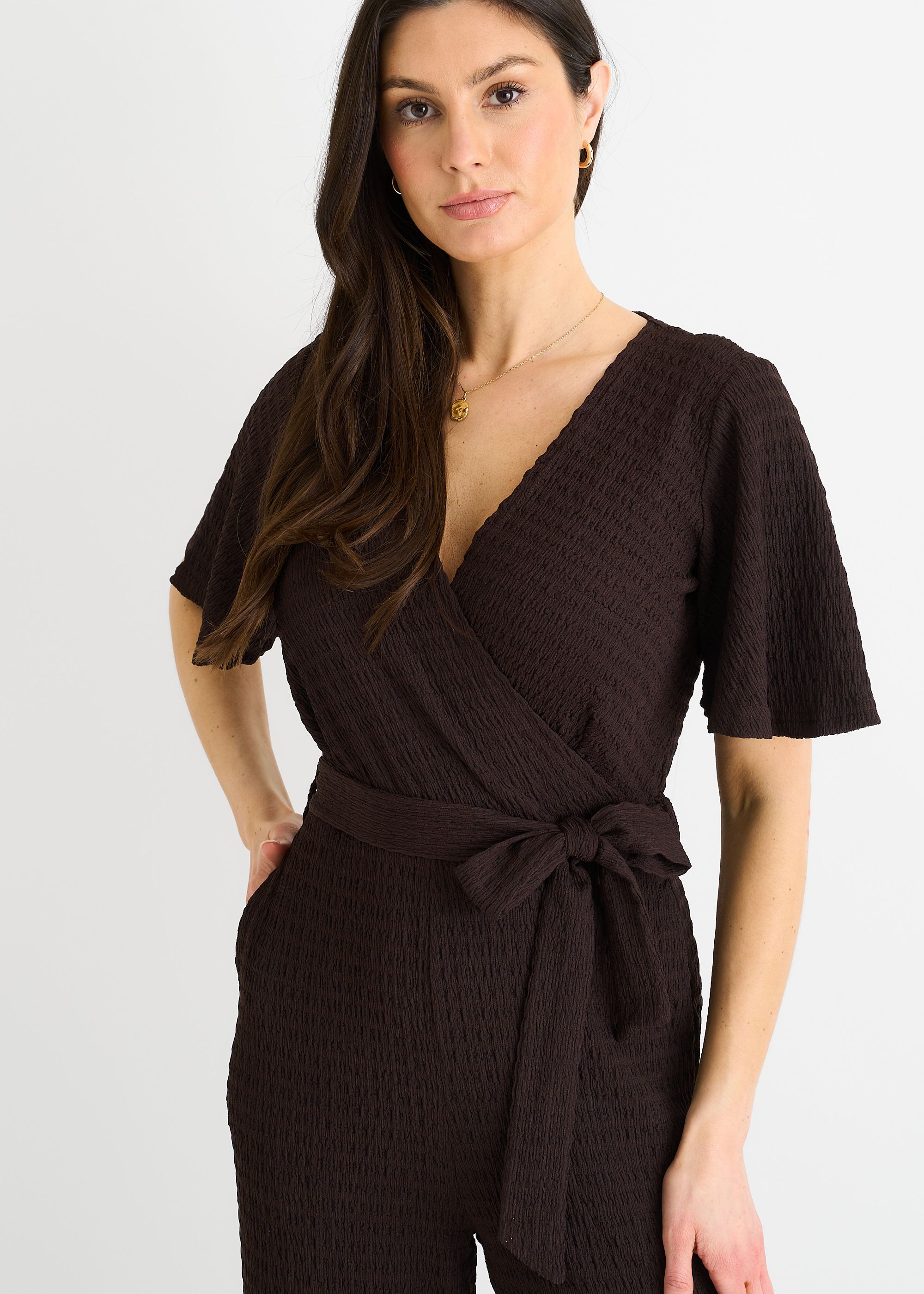 Gini London Chocolate Textured Jersey Wrap Wide Leg Jumpsuit