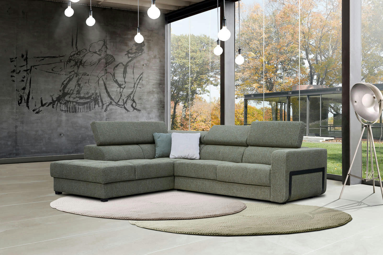 BERGO - Canapé d'angle gauche 5 places en tissu vert avec coussins déco