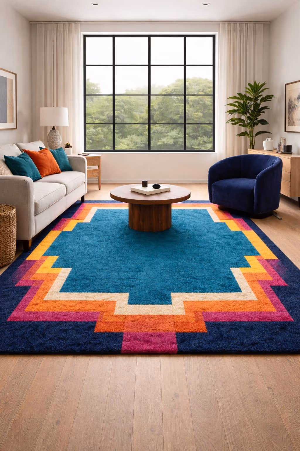Modern Geometric Colorful Hand-Tufted Rug Teal, Orange & Pink Area Carpet for Living Room | Bold Contemporary Design | Custom size available