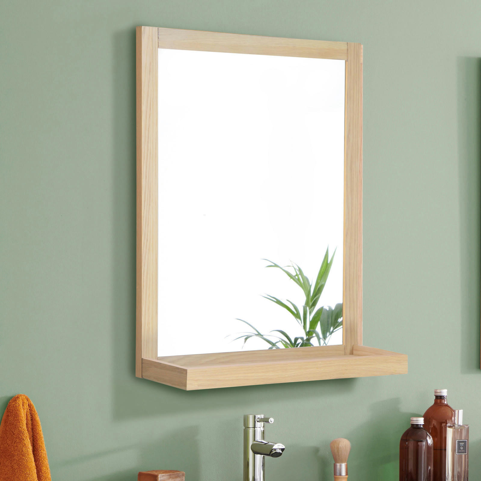ENIO - Miroir rectangulaire avec tablette en bois 60 x 70cm