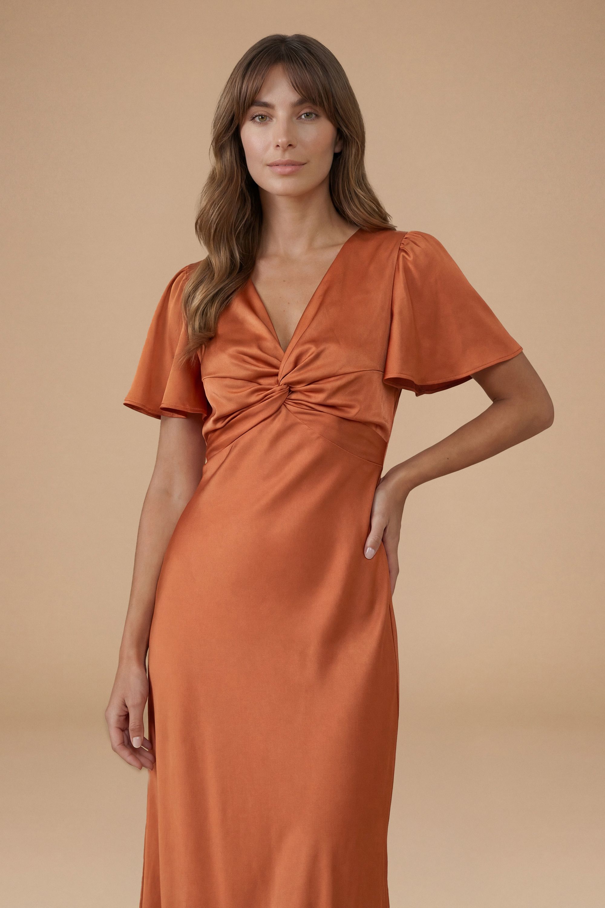 Oasis Rust Satin Twist Front Angel Sleeve Midi Bridesmaid Dress