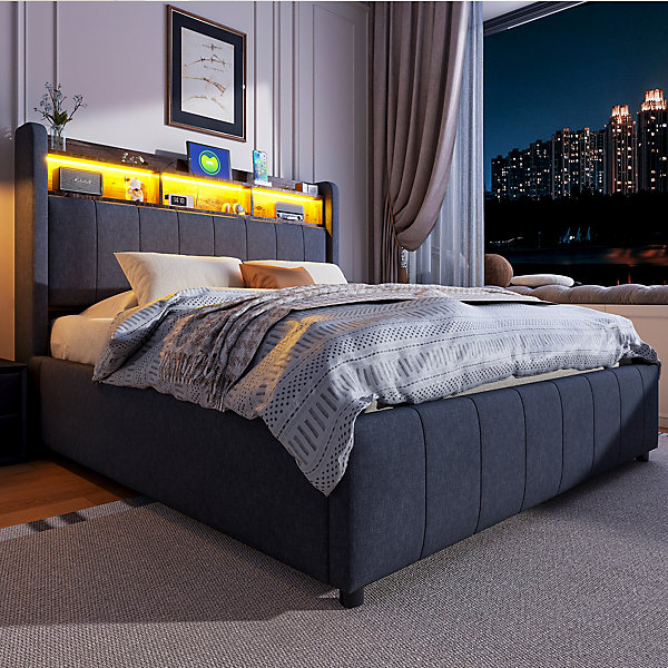 Lit 140x200 cm tapissé tissu lin gris avec rangement hydraulique, tête de lit à LED changeantes et ports USB