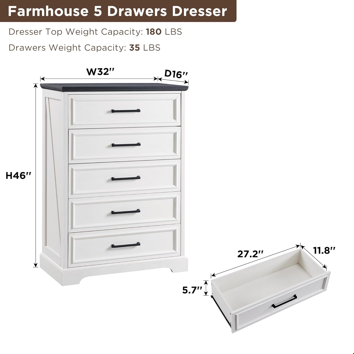 ACCOHOHO Farmhouse 5 Drawers Dresser Chests for Bedroom,46 Tall Wood Rustic Chest of Drawers with Wide Metal Handle,Natural Texture,Drawer Organizer for Bedroom,Living Room,Hallway and Entryway,White