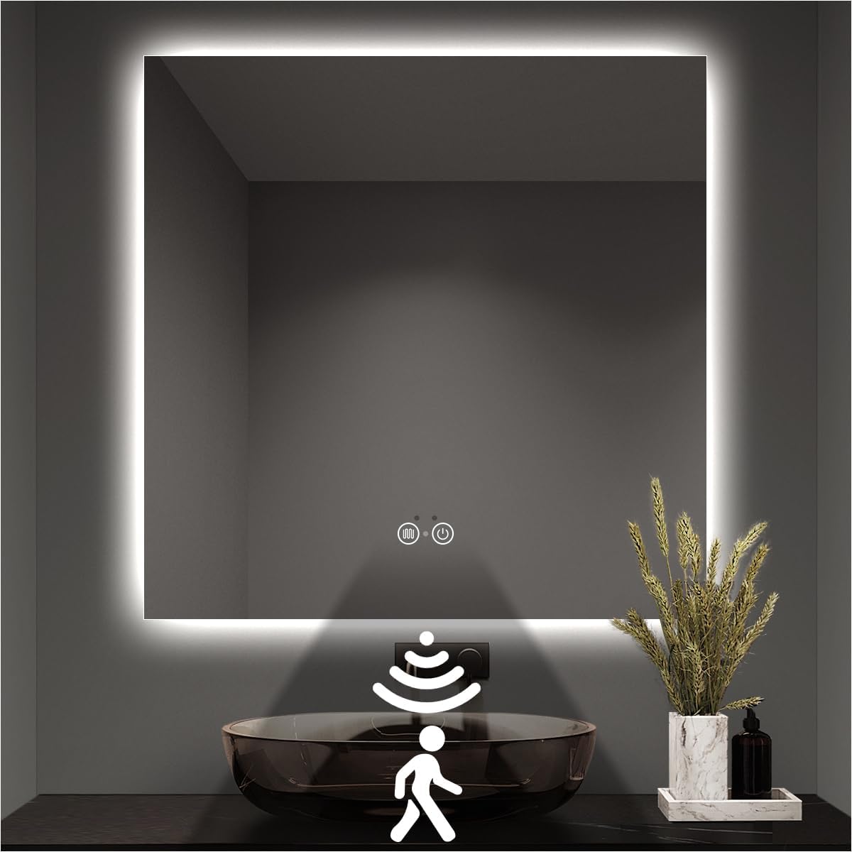 Backlit LED Bathroom Mirror, Infrared Motion Sensor Vanity Mirror with 3-Color Lights, Stepless Dimmable Wall Lighted Mirror with Anti-Fog, Memory, Rectangular (36 H x 36 W)