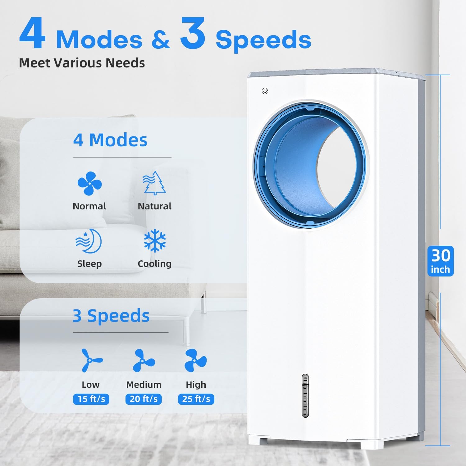 Windowless Portable Air Conditioner, 30 Evaporative Air Cooler w/Dual Tanks for 24H Cooling, 4 Modes & 3 Speeds, 28FT Remote&Timer, 360° Rotation Swamp Cooler Air Conditioner for Bedroom
