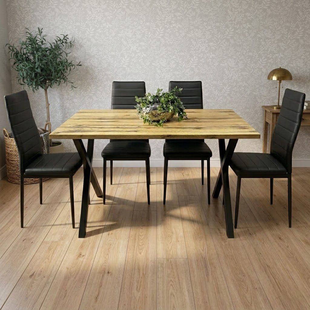 KOSY KOALA Wooden Dining Table with 4 Black Leather Chairs - Dining Kitchen Room Furniture