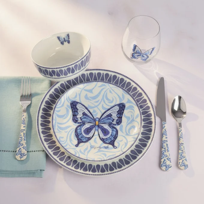 Dolly Parton Mosaic Blue Butterfly 12 Piece Dinnerware Set Service for 4