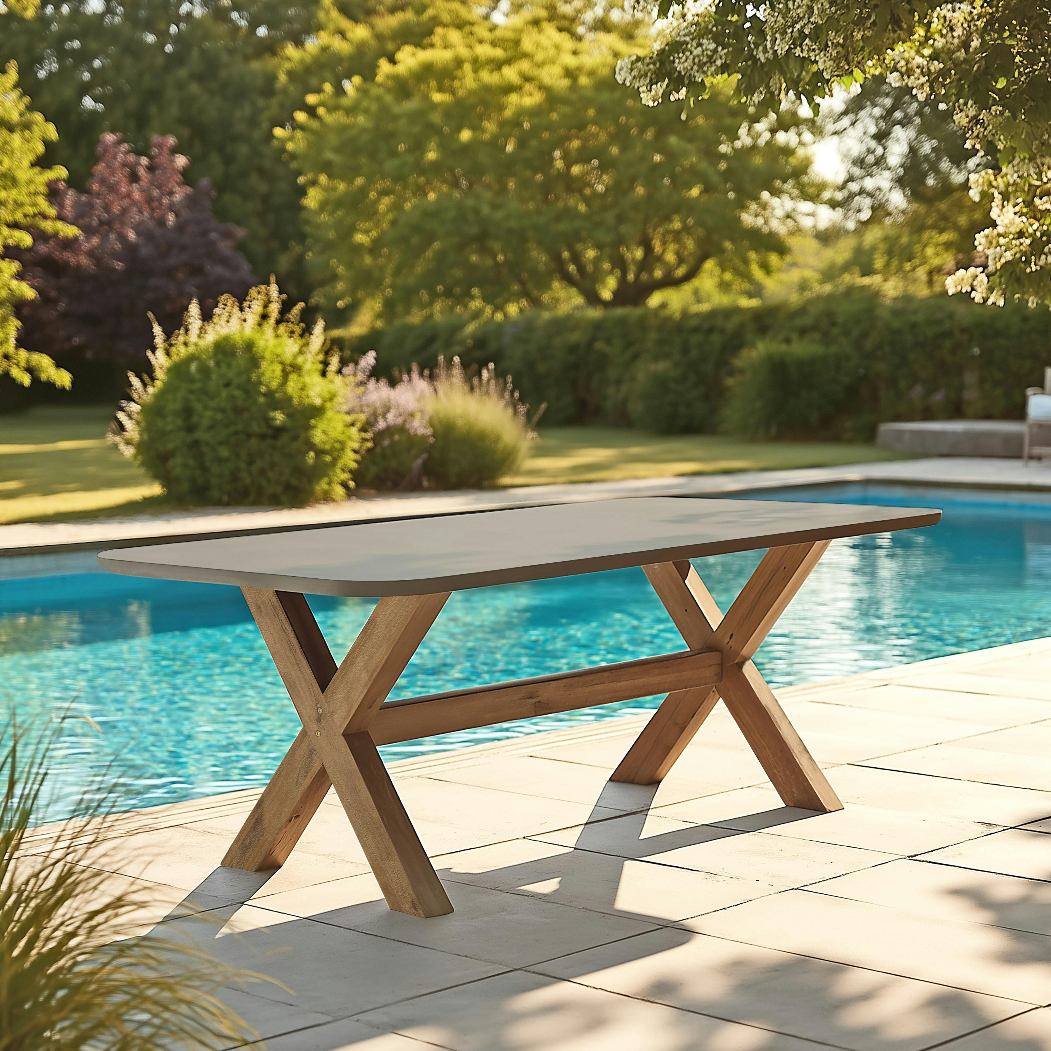 Table à manger 200 cm effet béton marron pied en bois d'acacia CALVI