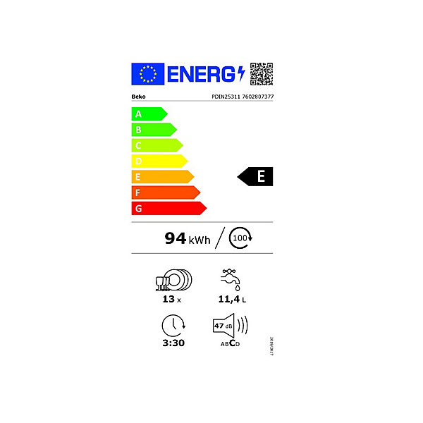 Lave-vaisselle 60cm 13 couverts 47db tout intégrable Beko PDIN25311