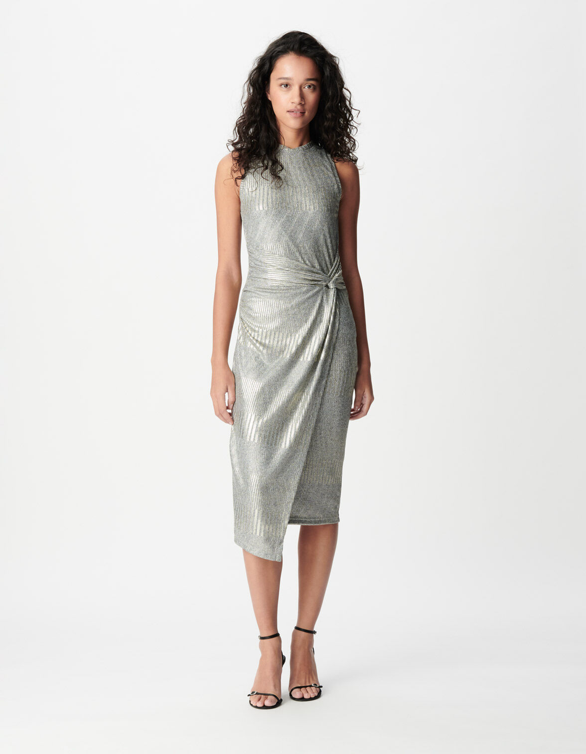 Robe midi argentée portefeuille maille côtelée Femme
