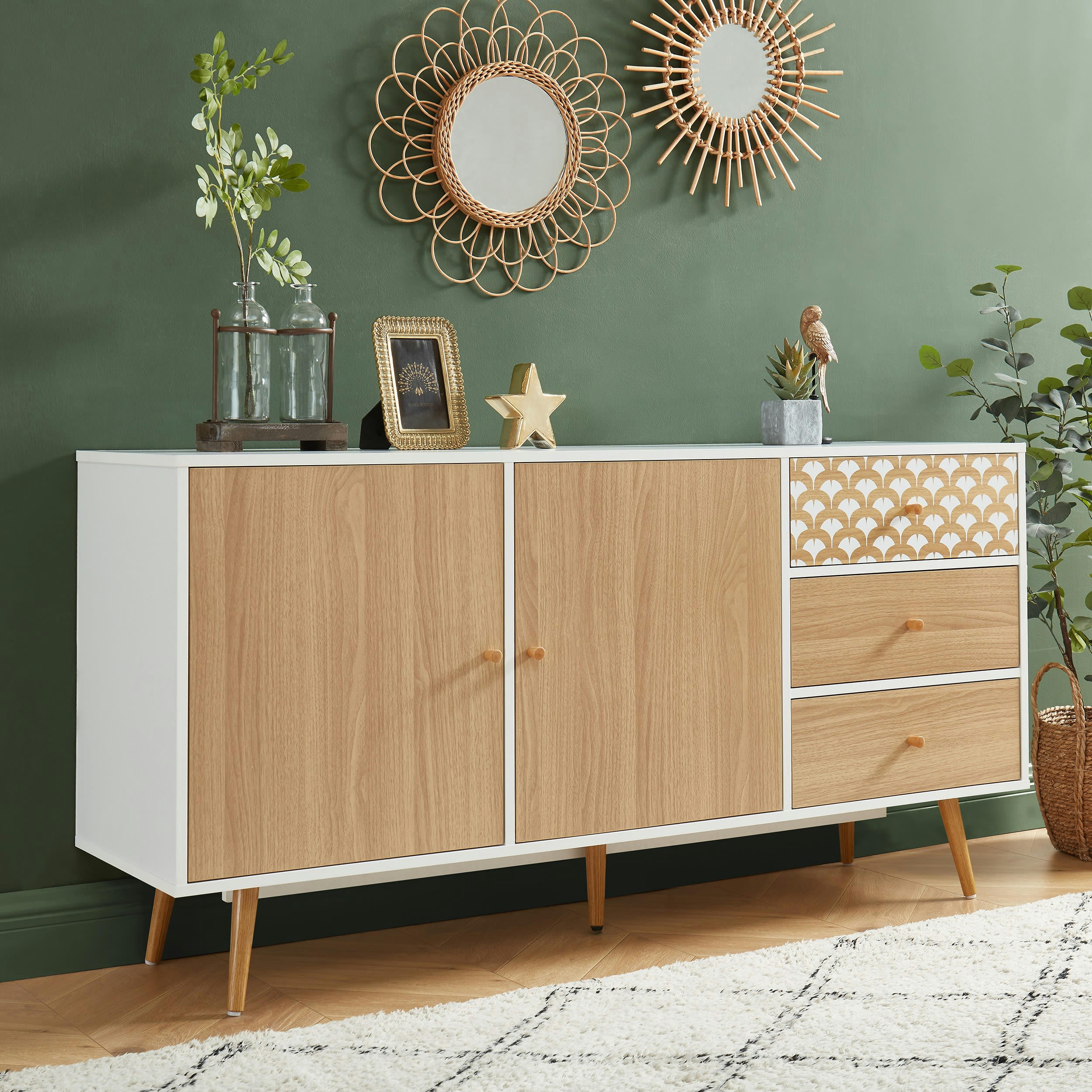 UTAH - Buffet    blanc et effet bois et chêne  150cm