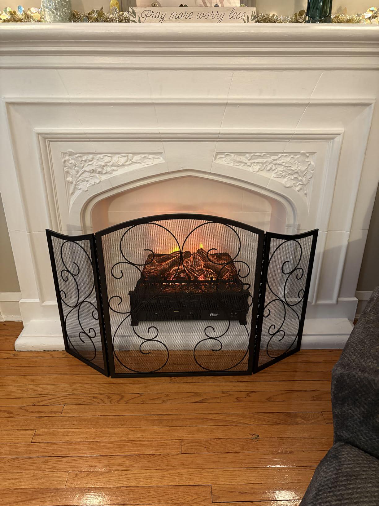 Wrought Iron 3-Panel Fireplace Screen, Black Powder-Coated Metal Guard