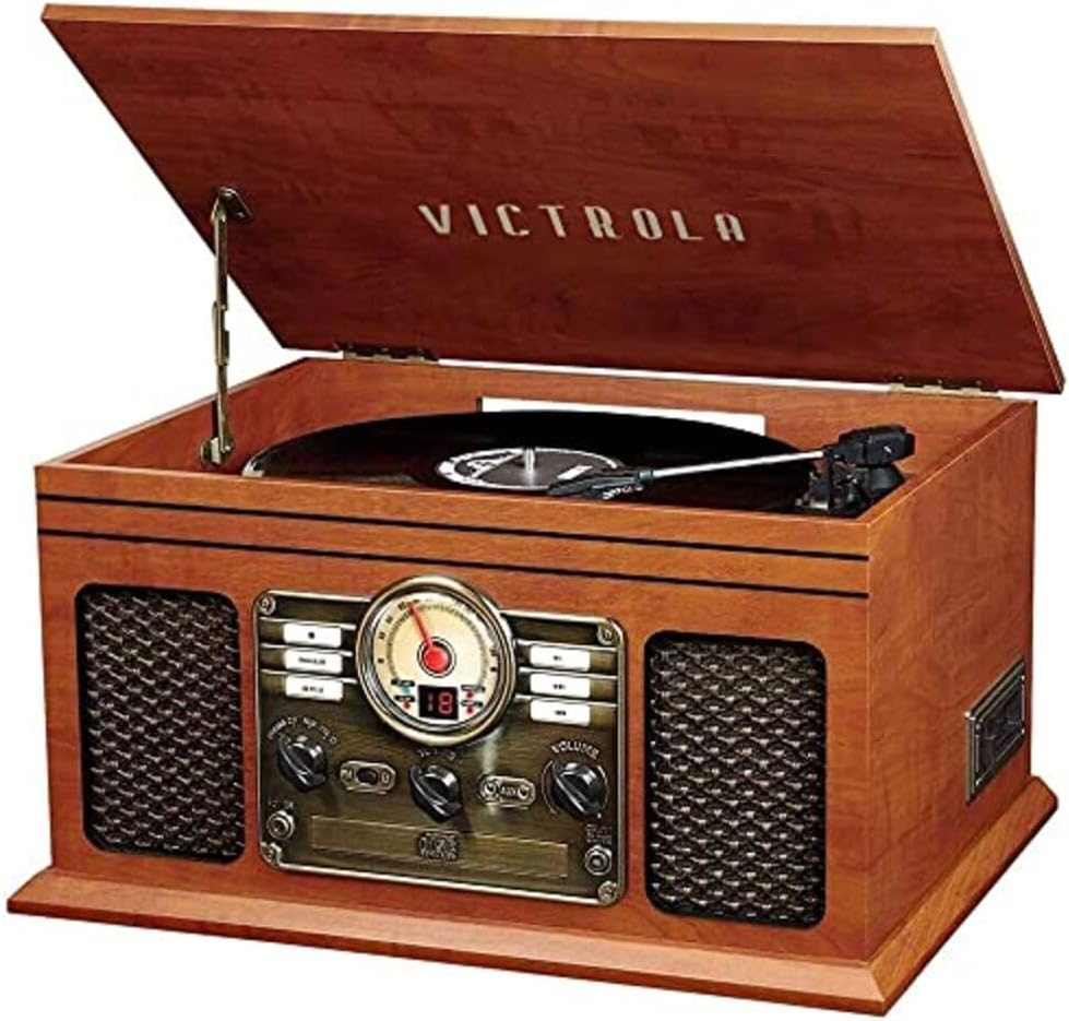 Victrola The Quincy 6-in-1 Bluetooth Record Player & Multimedia Center with Built-in Speakers – 3-Speed Turntable, CD & Cassette Player, FM Radio, Wireless Music Streaming (Mahogony)