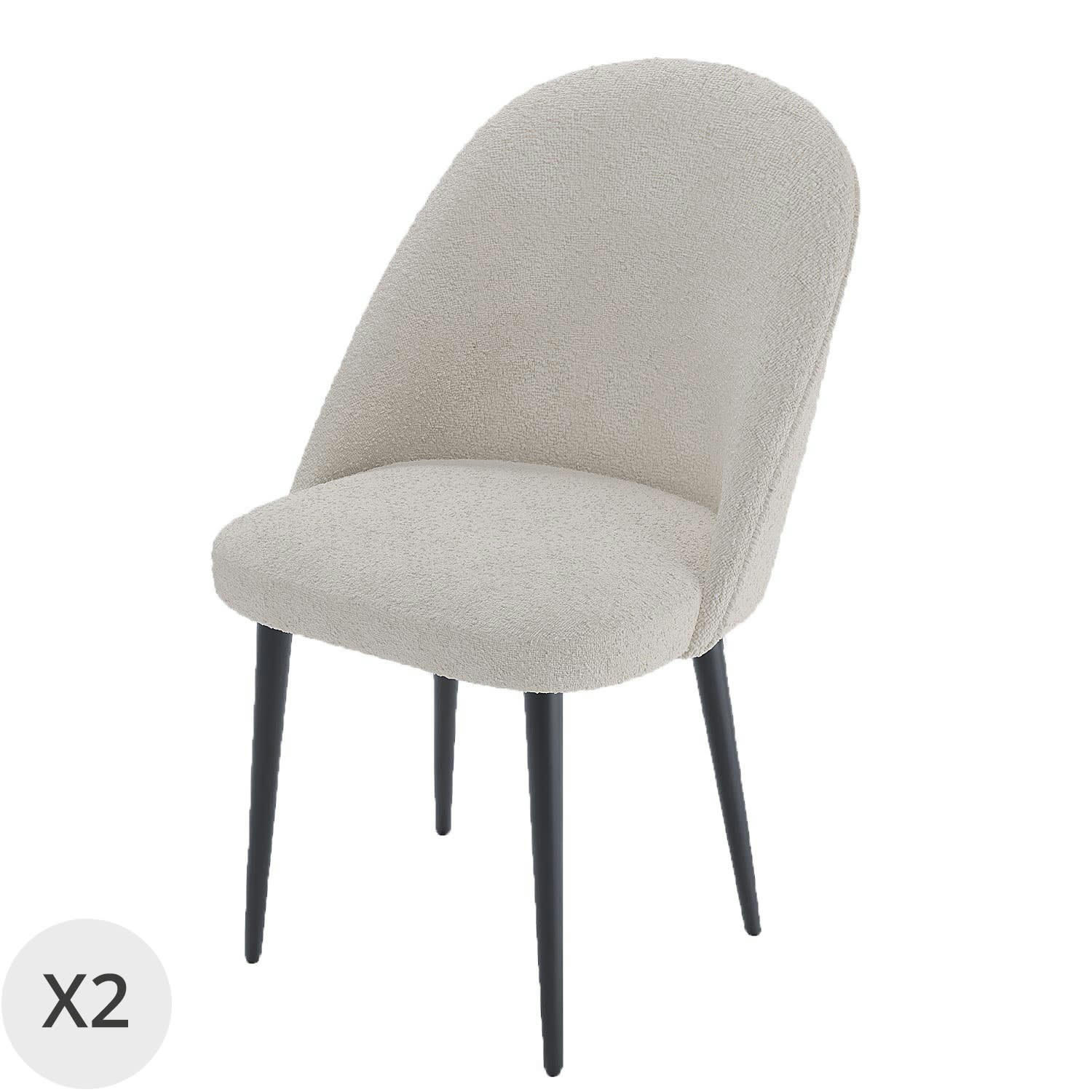 NINA - Lot de 2 chaises tissu bouclette gris-crème & métal noir