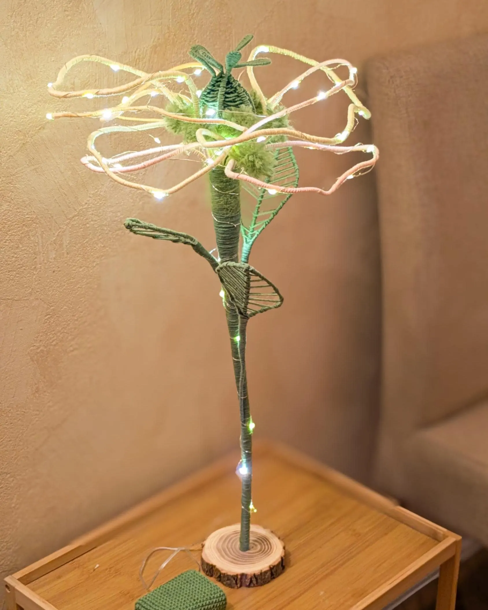 Handmade Textile Flower Lamp, Wire Art Botanical Accent Light, Yarn Wrapped Sculpture