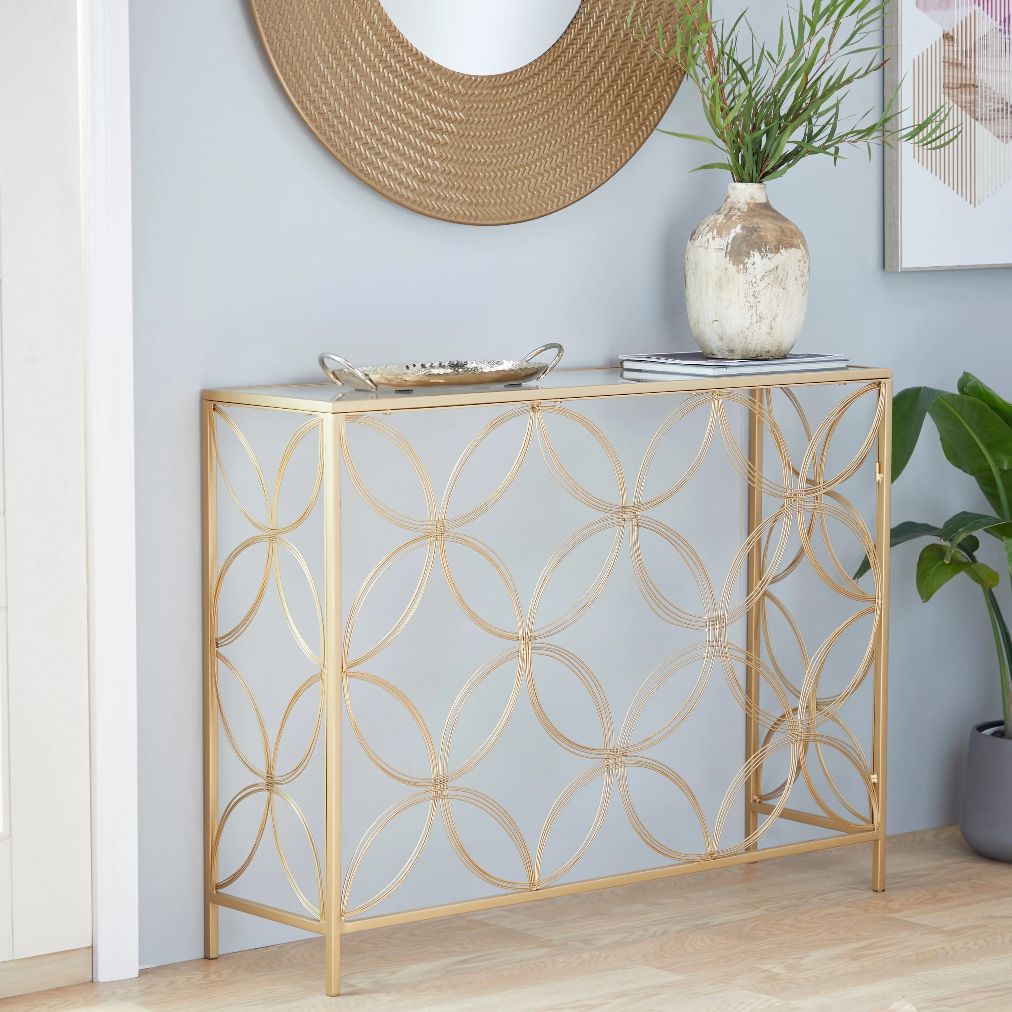 Metal Geometric Open Style Quatrefoil Frame Console Table with Glass Top - Gold - Roche River Decor - 12Wx42Lx32H