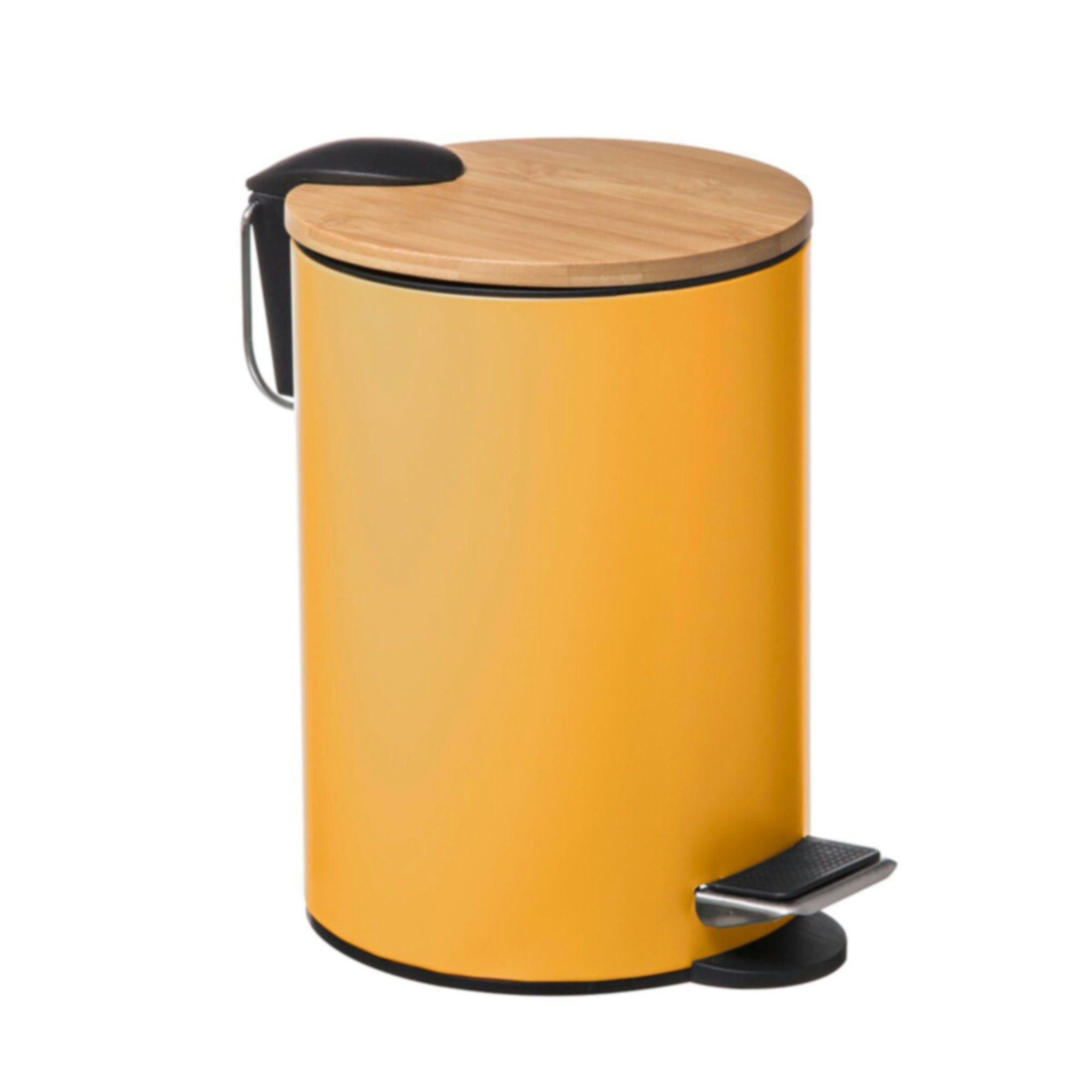 - Poubelle salle de bain métal jaune couvercle bambou - 3L