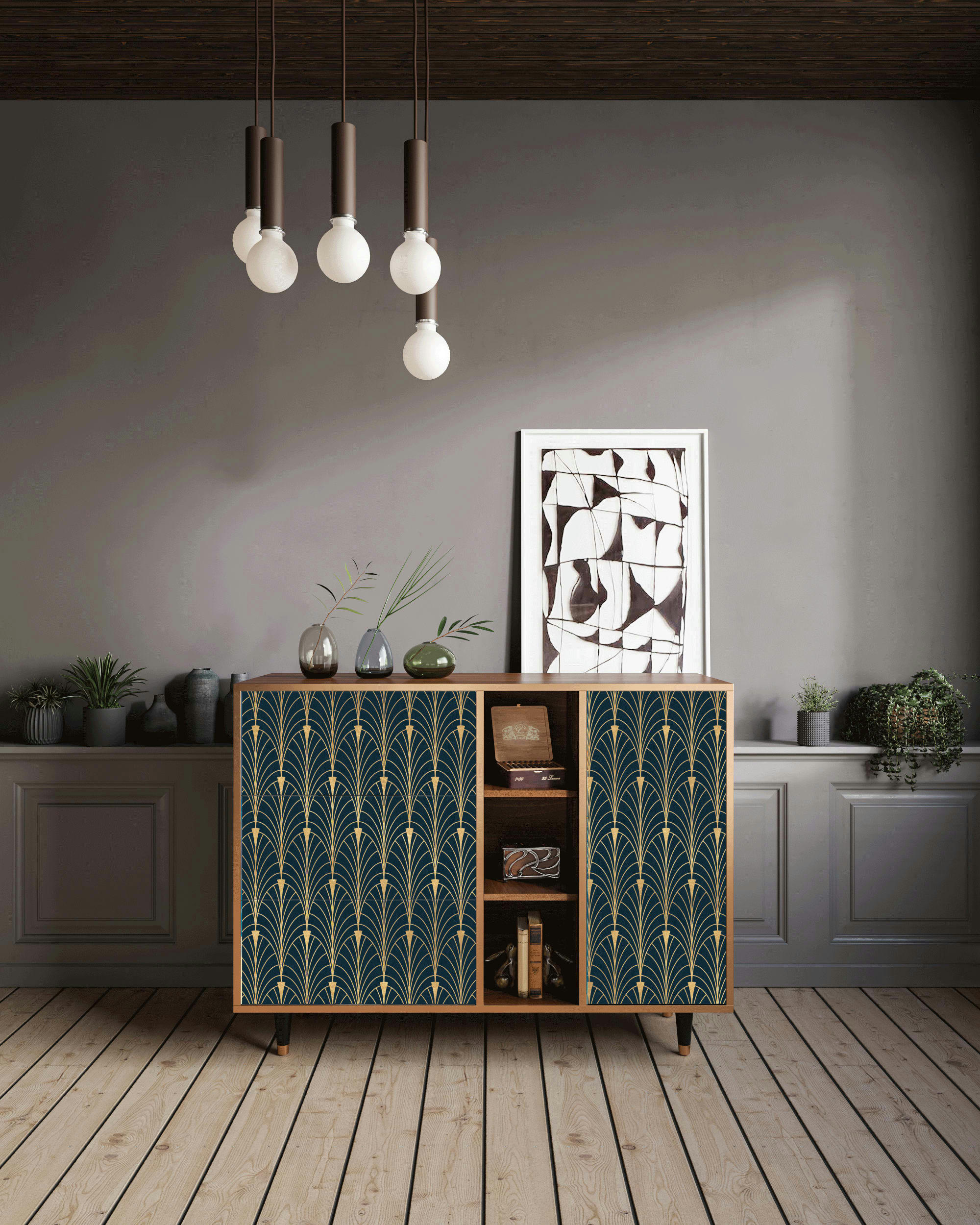 FLOWER OF THE NILE - Buffet  bleu et jaune 3 tiroirs et 1 porte L 125 cm