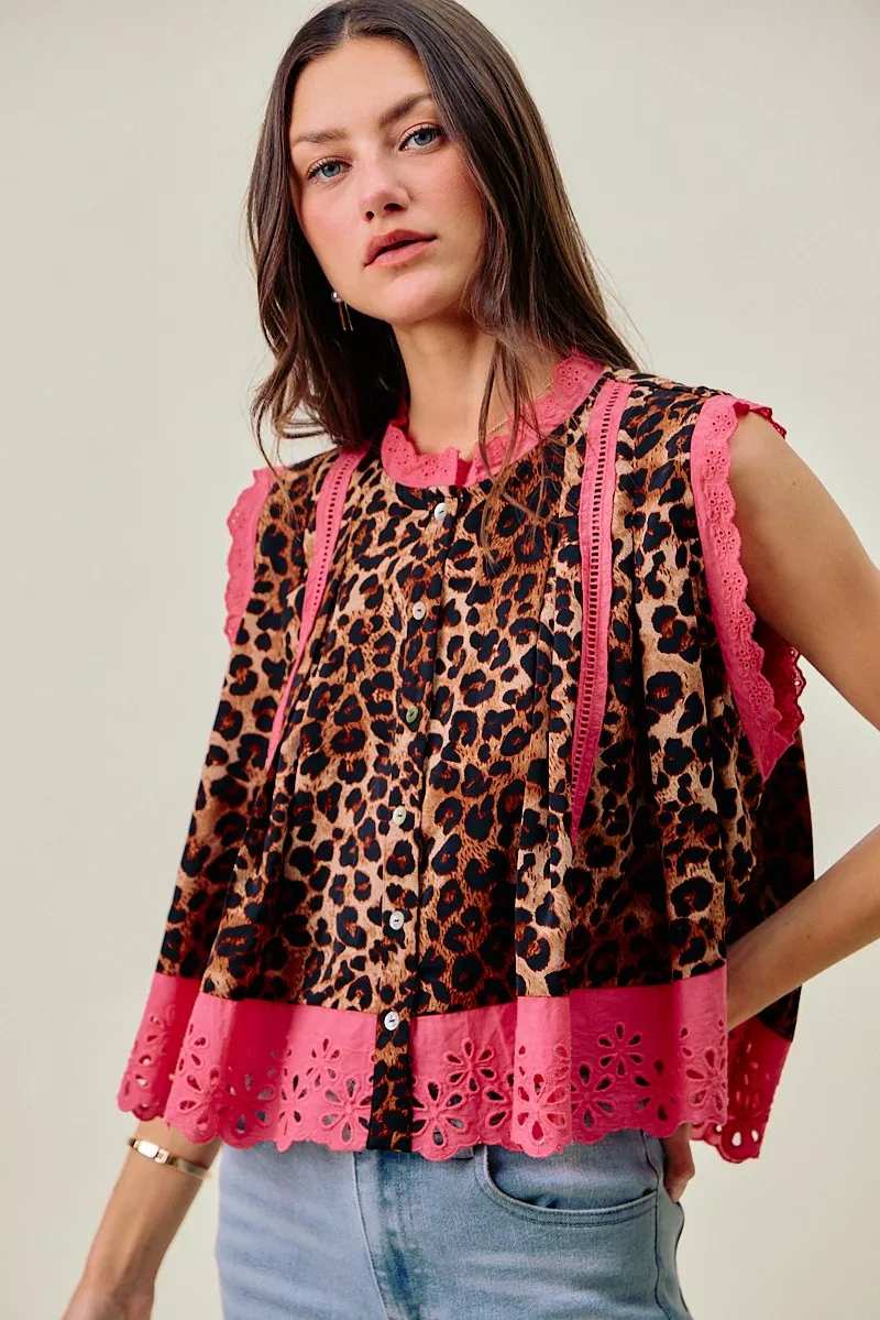 Leopard Button Up Pleated Sleeveless Blouse