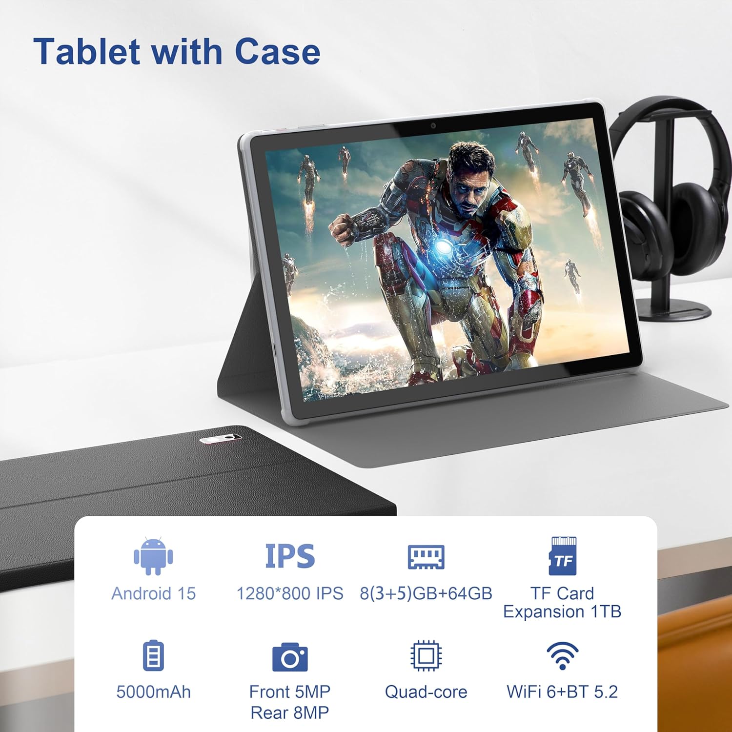 BYYBUO Android 15 Tablet,10.1 inch Tablet with Case,8GB RAM 64GB ROM Quad-Core Processor 5000mAh Battery, 1280x800 IPS FHD Touchscreen 5MP+8MP Camera, Bluetooth,WiFi,Metal Body, SMARTPAD A10_L