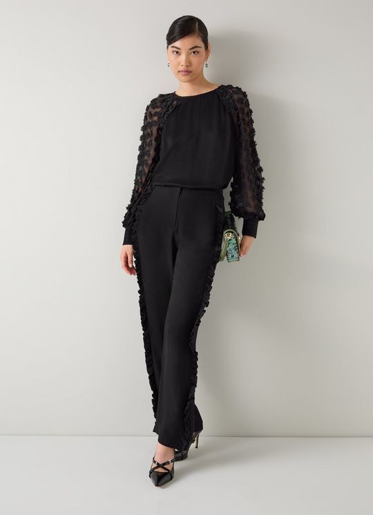 Orla Black Viscose Frill Detail Satin Trouser