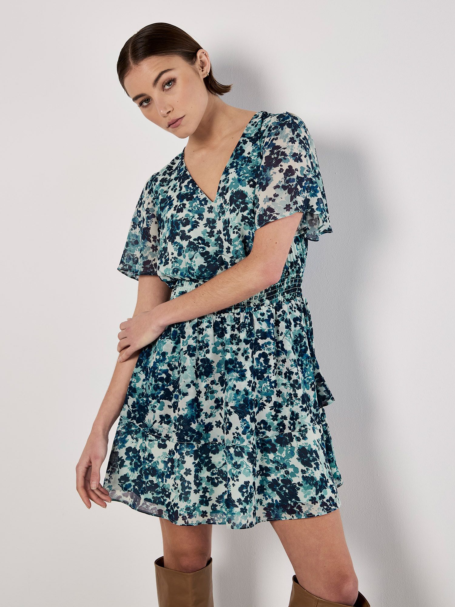 Apricot Blurred Floral Tiered Mini Dress