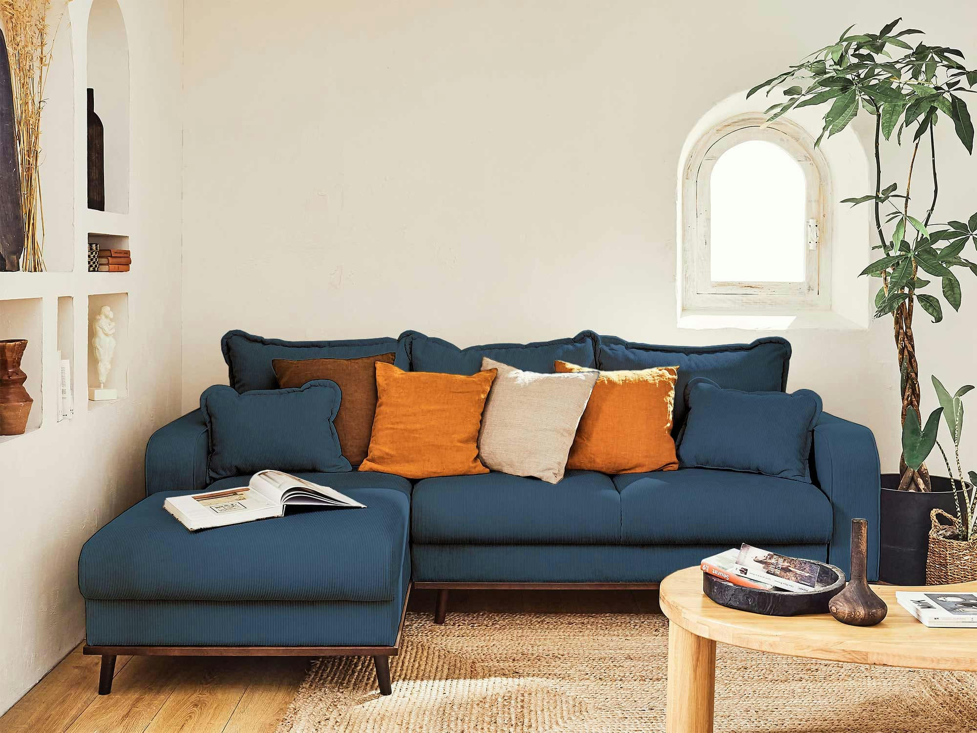 BILLIE - Canapé d'angle gauche convertible 4 places en velours côtelé bleu