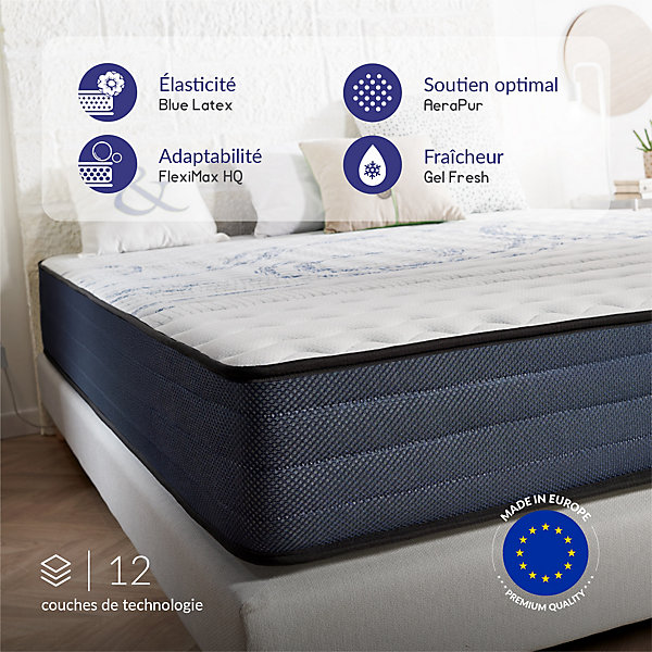Matelas 135x190 mémoire de forme - épaisseur 21 cm - Blue Latex - 7 zones de confort - Hypoallergénique - Durable - Perfect Dream