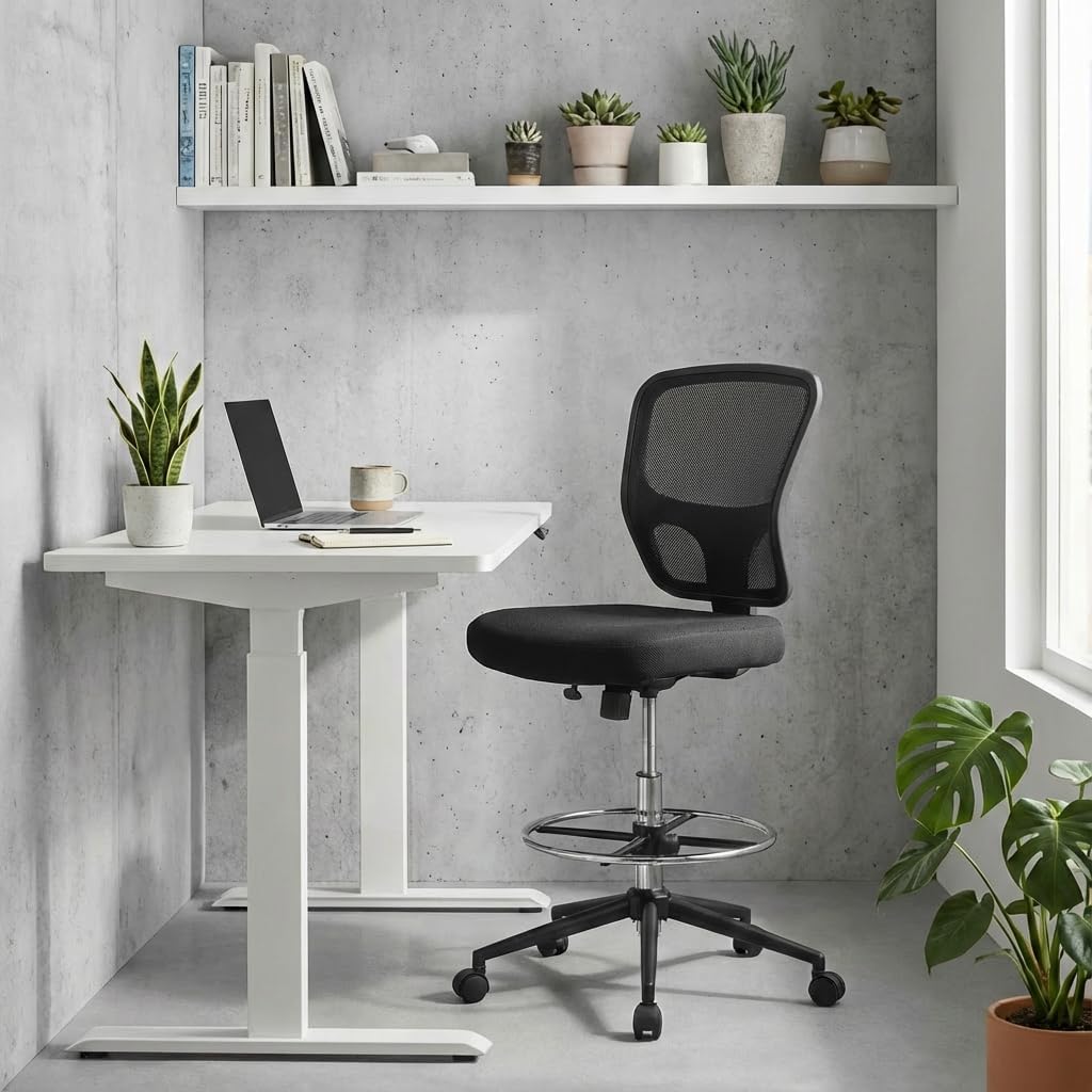 Armless Drafting Chair Tall Office Chair Adjustable Height High Back Ergonomic Desk Chair Drafting Stool Rolling Bar Stools Chairs with Footrest and Wheels
