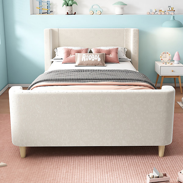 Lit Enfant - Lit Simple avec Design Traîneau et Revêtement Velours Motif Espace - Structure Métal et Bois Beige - 90 x 200 cm