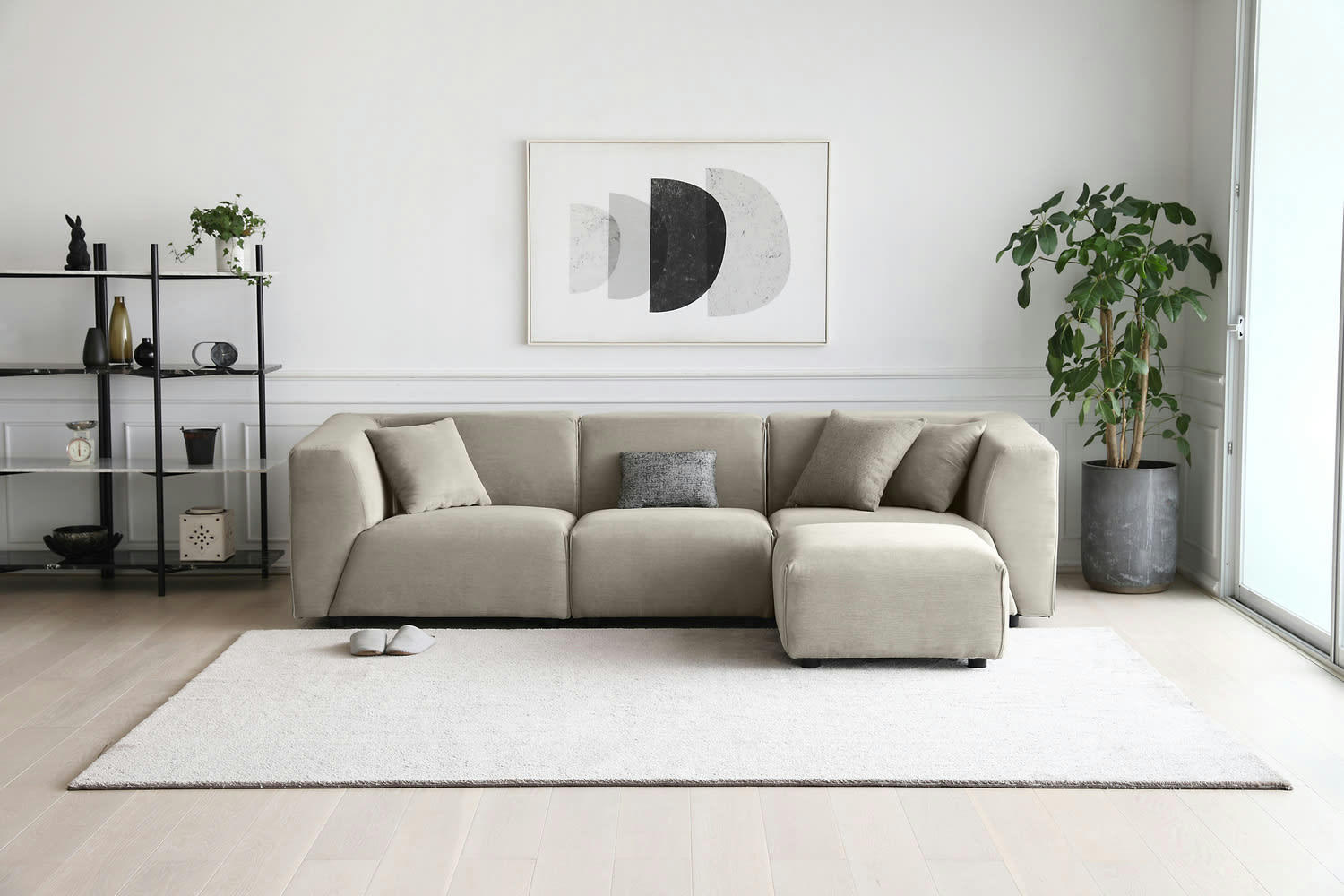 MONROE - Canapé modulable 3 places + 1 pouf velours côtelé gris clair