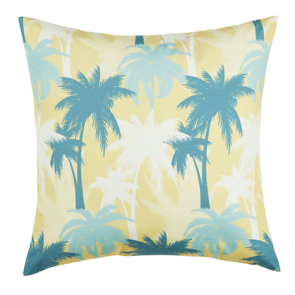 SARASOTA - Coussin imprimé palmier bleu vert, bleu et jaune 60x60