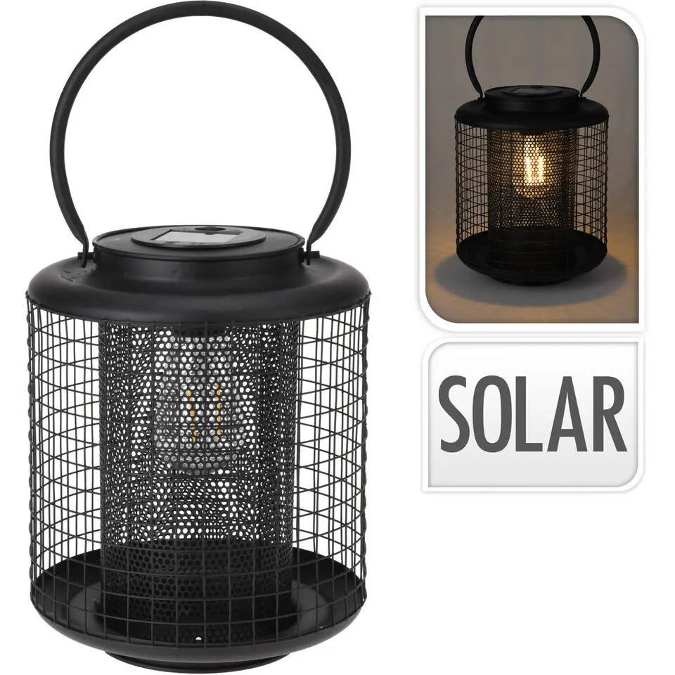 Excellent houseware Lantaarn - solar - LED - rond - zwart - 22 cm
