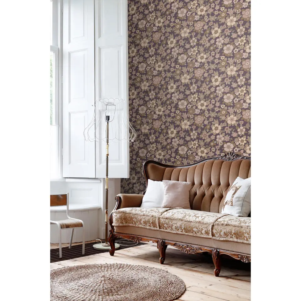 ESTAhome behang retro bloemen donker paars en beige - 50 x 900 cm