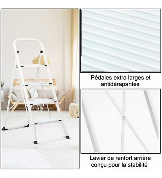 Escabeau 4 marches Echelle pliable en acier blanc 150 kg