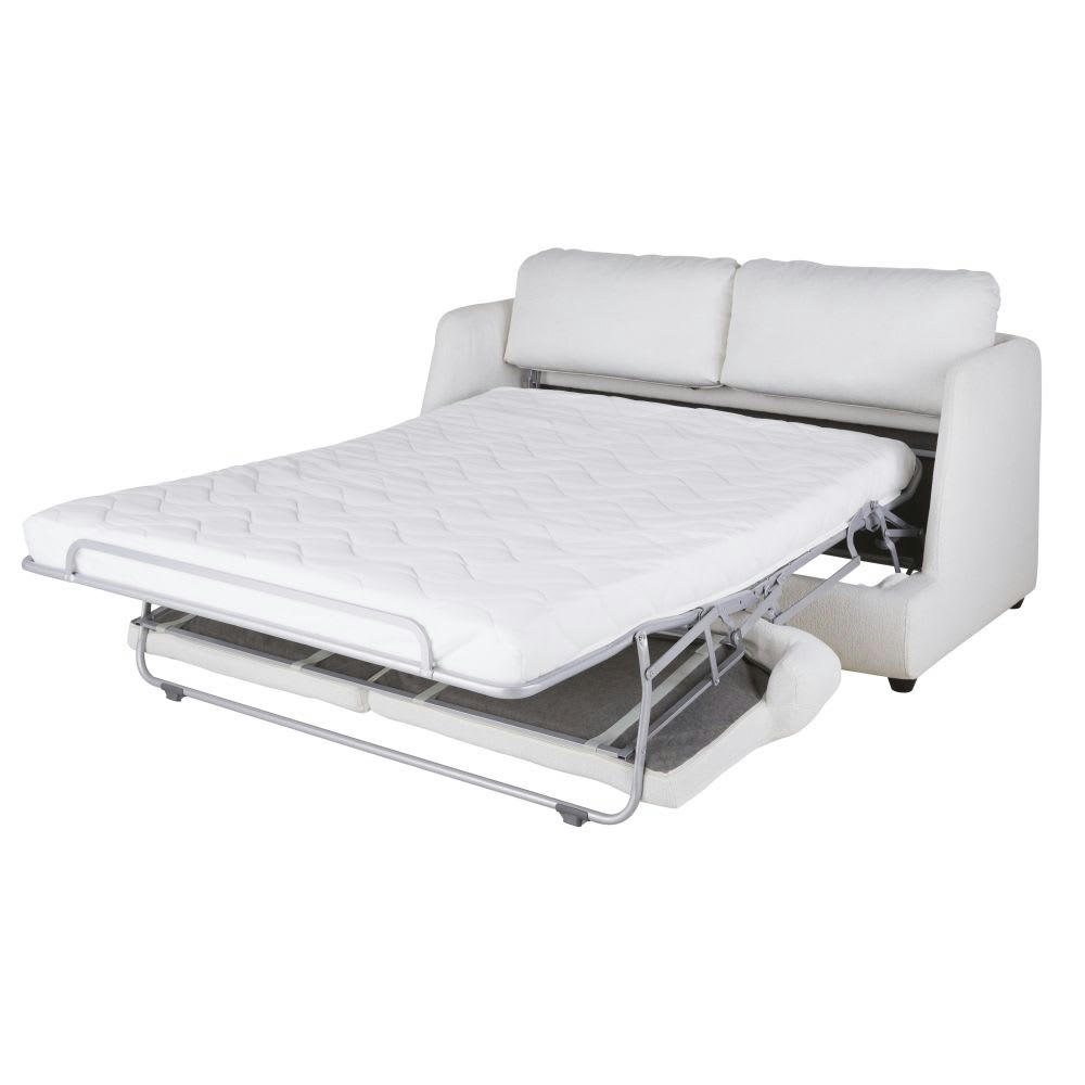 Basile - Canapé convertible 2/3 places à bouclettes blanches, matelas 14 cm