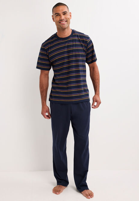 Mens Navy Stripe Cotton Long Pyjama Set