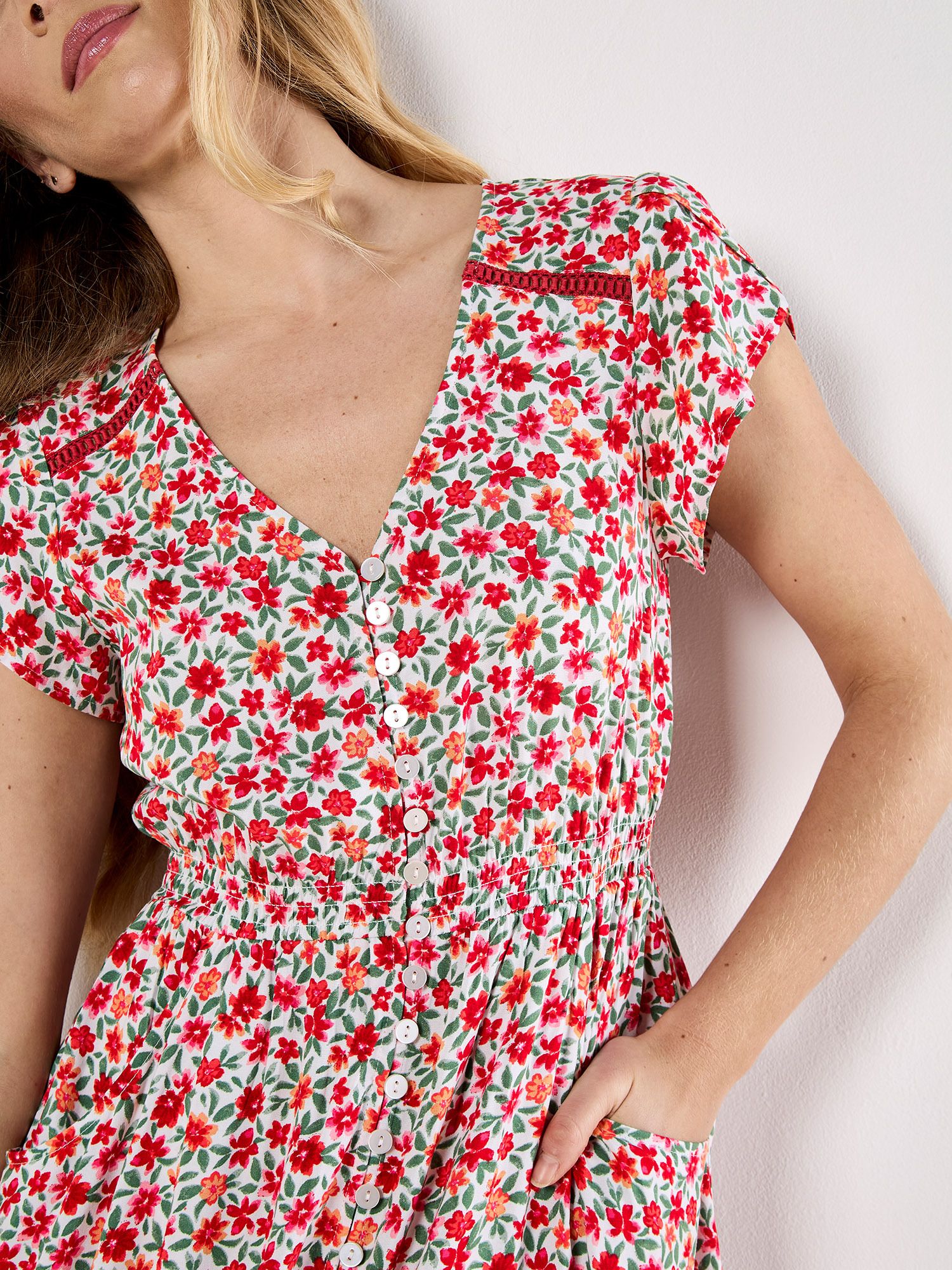 Apricot Ditsy Floral Button Down Midi Dress