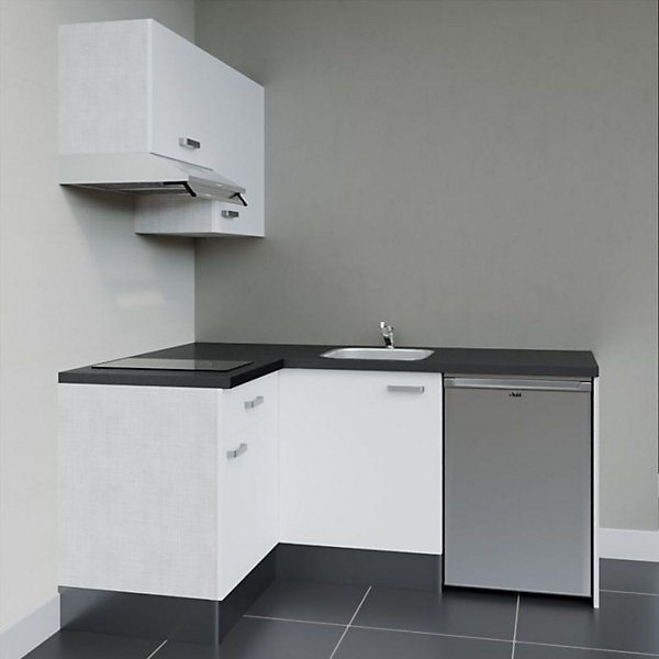 Kitchenette KA02 façades Blanc - Plan de travail Noir texturé - Crédences : Non - Evier inox - Electroménager Inox inclus