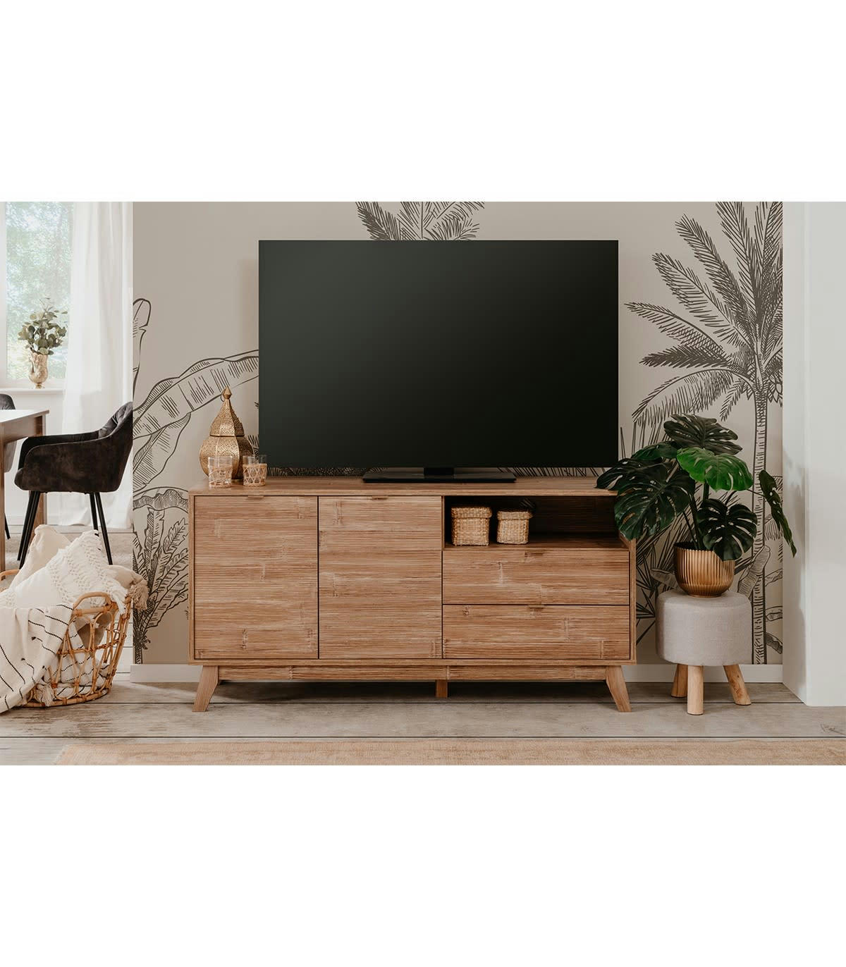 BUDAPEST - Meuble TV 2 portes, 2 tiroirs et 1 niche effet bois - L140 x H70 cm