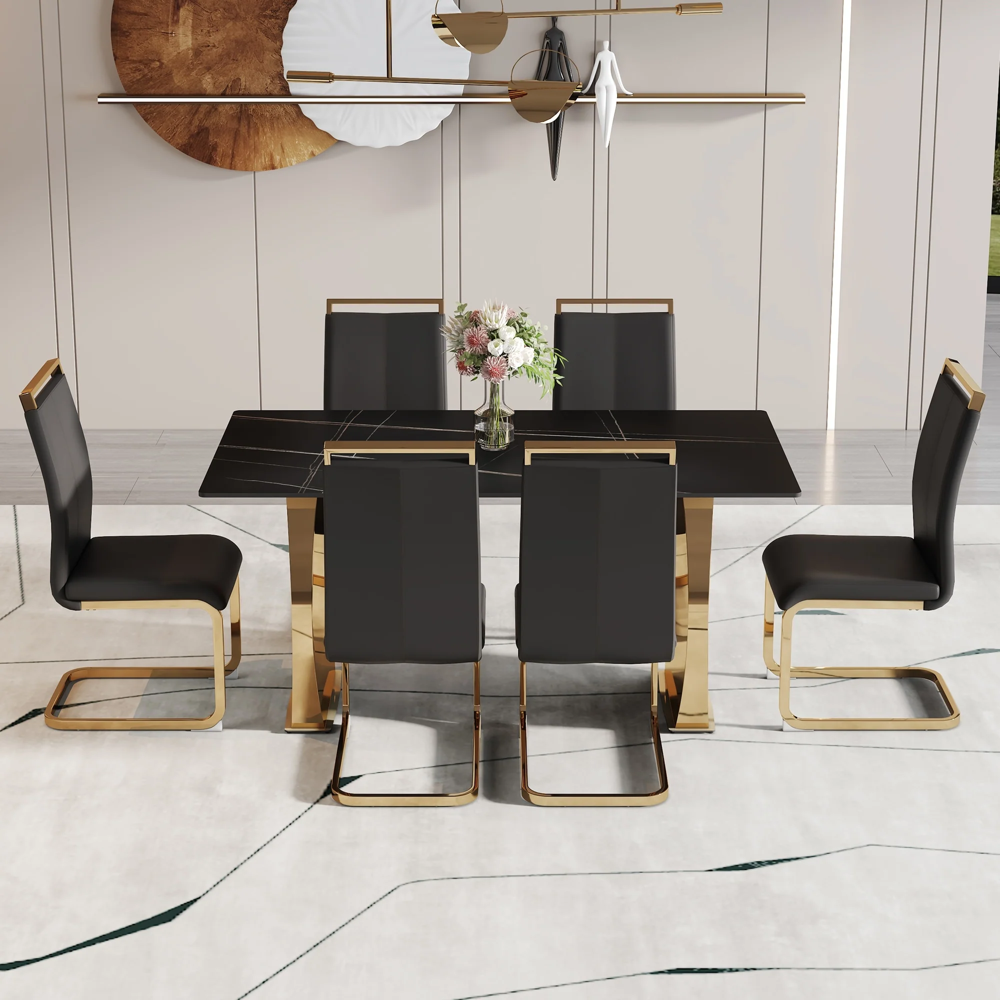 Modern Dining Table Set with Sintered Stone Table Top and PU High Back Upholstered Dining Chairs