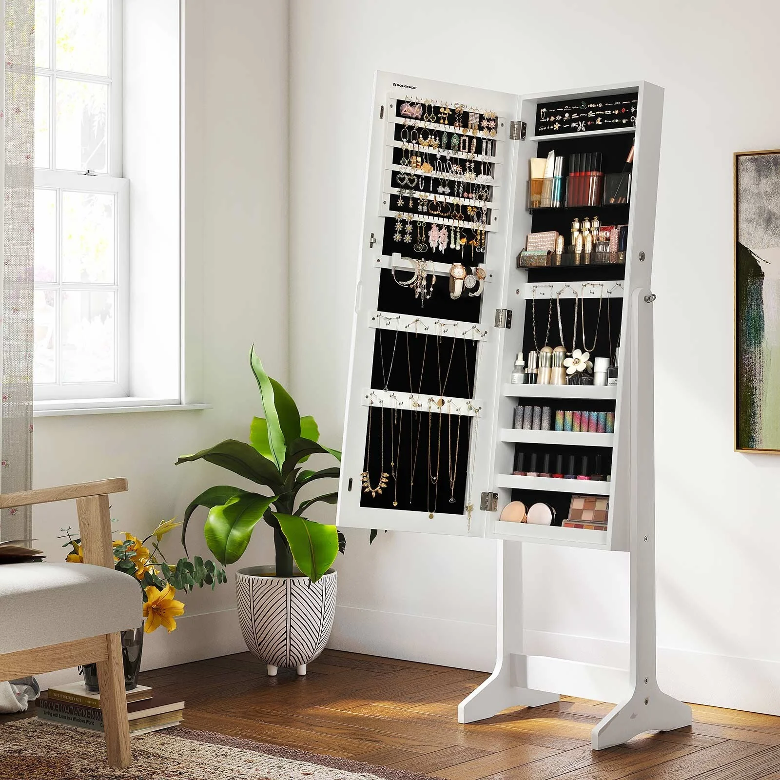 White Freestanding Lockable Jewelry Storage Cabinet with Full-Length Frameless Mirror - 16.2L x 14.4W x 59.8H