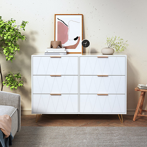 Commode De Chambre, 6 Tiroirs, Spacieuse Et Robuste, Poignées Et Pieds Dorés, Blanc