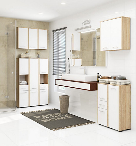 Colonne salle de bain, 2 armoires, 1 tiroir, 140 x 30 x 30 cm, chêne sonoma, blanc mat