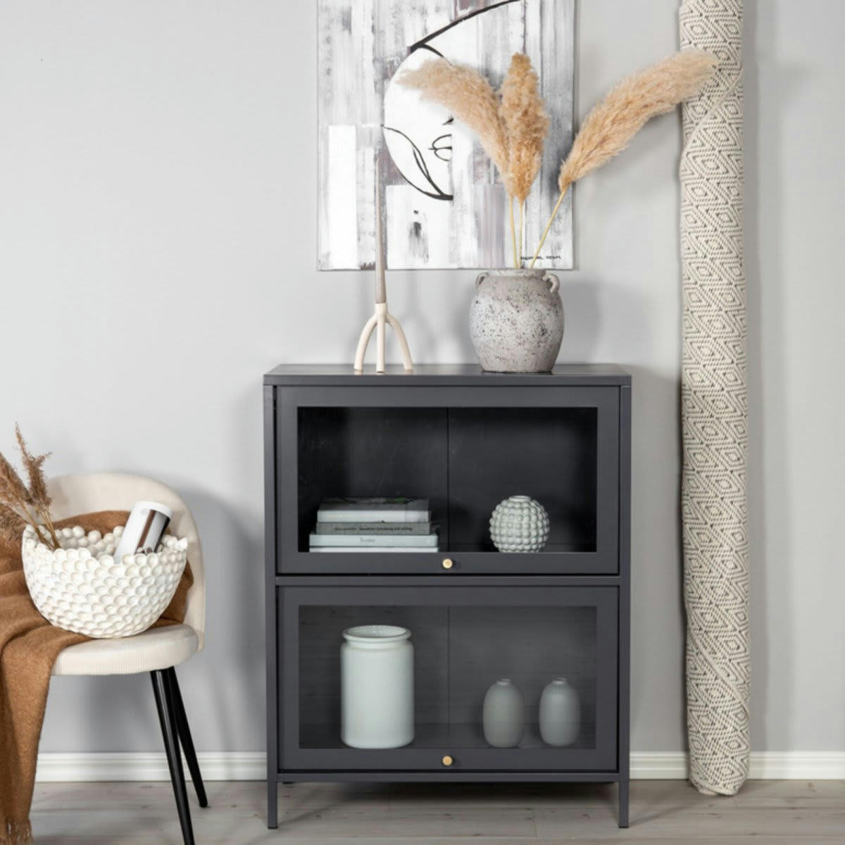 KUZCO - Buffet bas moderne en métal avec portes vitrées gris