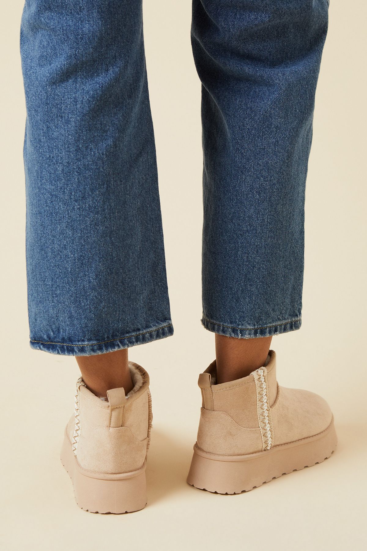 Dorothy Perkins Hania Suedette Faux Fur Lined Stitch Detail Cosy Chunky Flatform Ankle Boots