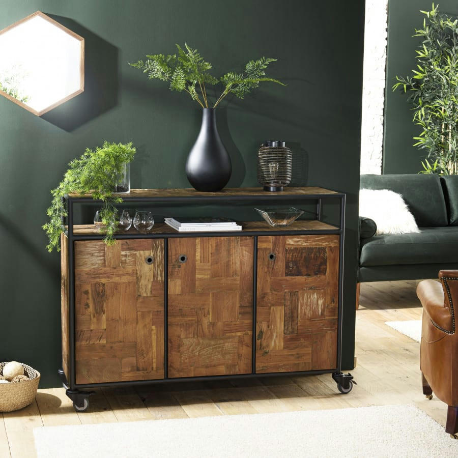 ALIDA - Buffet 3 portes 1 étagère en teck recyclé et métal noir